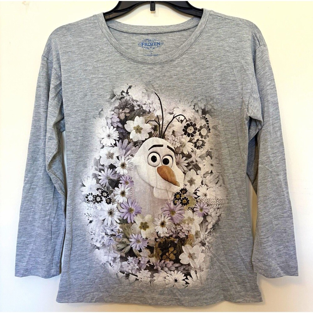Disney Frozen Olaf Floral Graphic Gray Long Sleeve Crew Neck T-Shirt Girls S